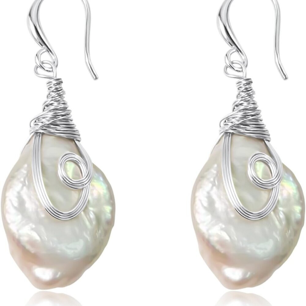Women’s Silver Sterling Drop Earrings with Baroque Keshi Pearls Handmade